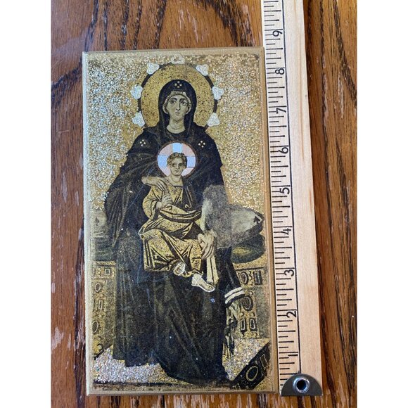 Vintage Orthodox Icon Plaque The Virgin & Child Hagia Sophia Gold Glitter Rectan - Picture 3 of 5